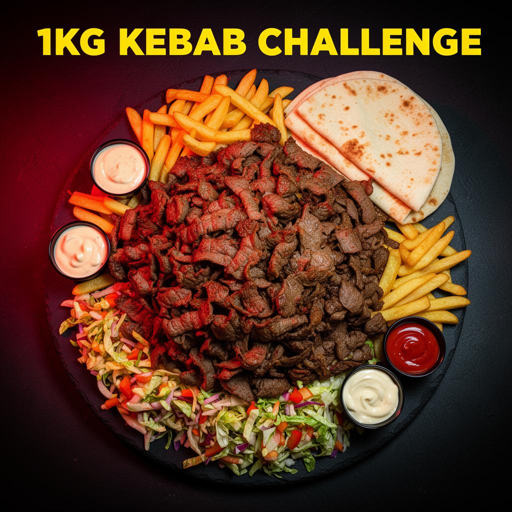 1KG Mallorca Kebab King Challenge platter with meat, fries, salad and sauces