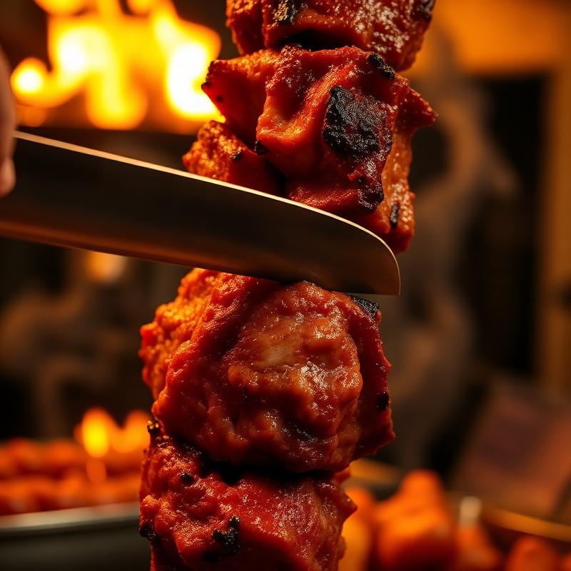 Doner kebab meat being sliced from the rotisserie