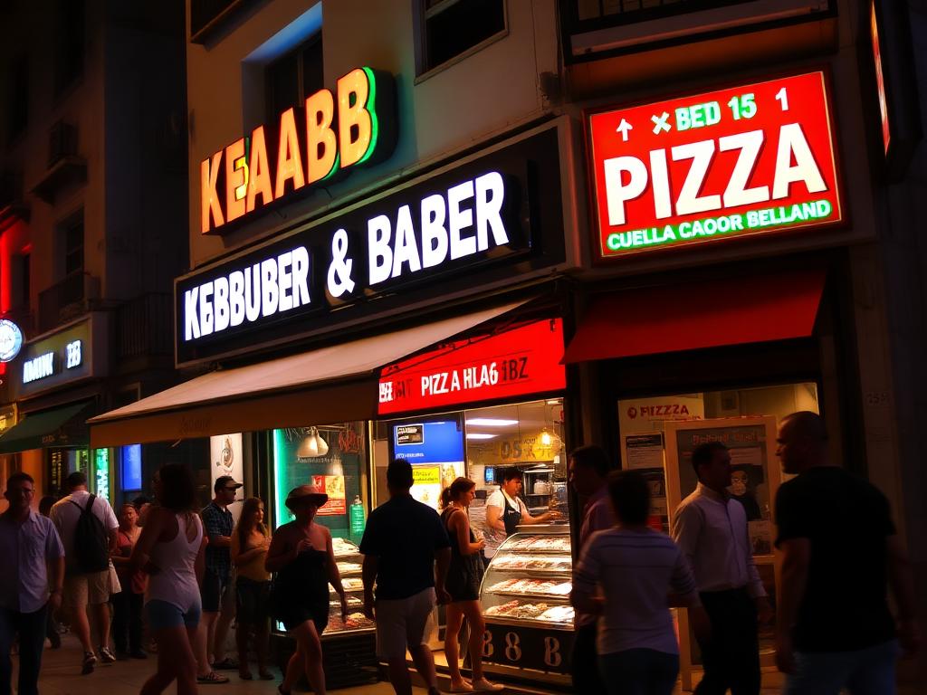 Kebab & Pizzas storefront in Magaluf at night